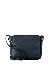 Navy leather crossbody bag with a smooth texture, zippered compartments, an adjustable strap, and embossed logo detail on the side.
