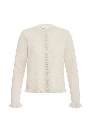 Cream-colored long-sleeve cardigan with ruffled edges along button placket, cuffs, and hem, featuring small round buttons and a crew neckline.