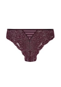 Bordeaux kanten slipjes met bloemenpatronen, een V-vormige voorkant en gestreepte accenten aan de zijkanten. Zachte textuur met delicate details.