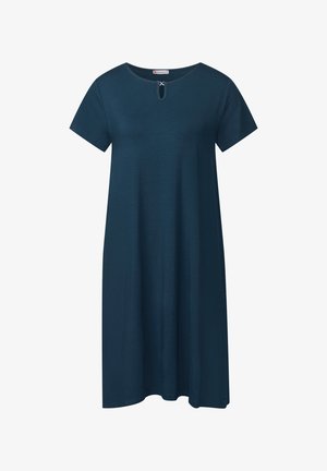 Robe à manches courtes en vert canard, en tissu lisse, avec un col rond et un petit détail en forme de clé, offrant une coupe décontractée.