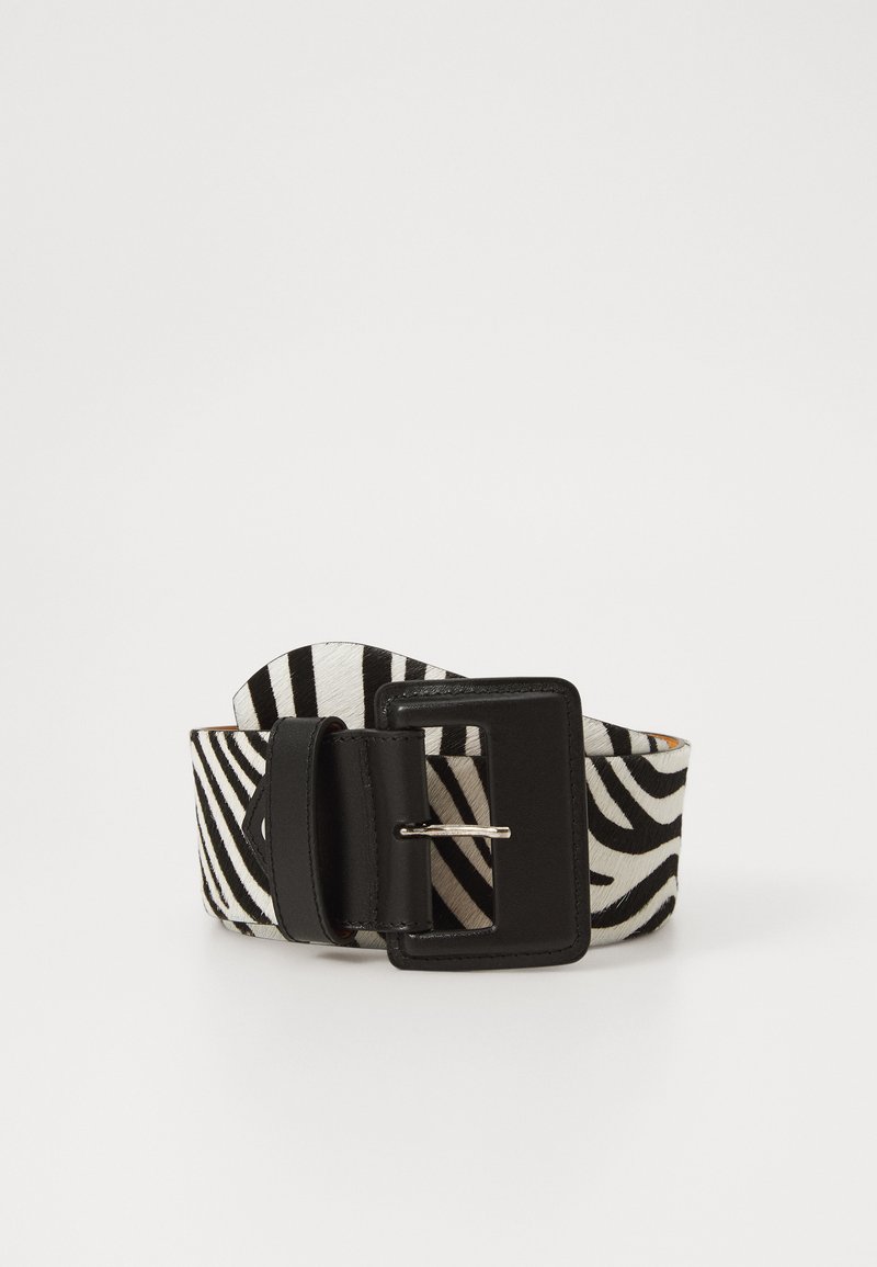 Black and white zebra-print belt with a wide black rectangular buckle, displayed flat on a white background.