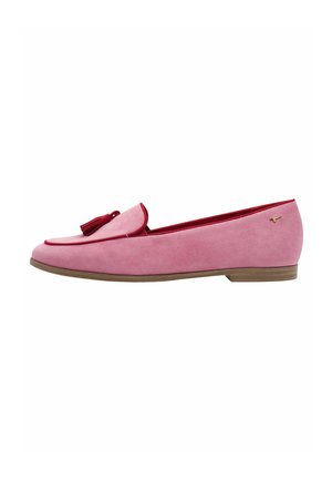 Pink suede loafers with a red accent, featuring a decorative tassel and a low brown outsole, showcasing a sleek, rounded design.