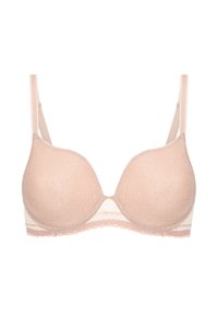 Soutien-gorge en dentelle rose clair avec des bonnets lisses et rembourrés, des bretelles réglables et un motif floral. Une bordure en dentelle le long des bords rehausse le détail.