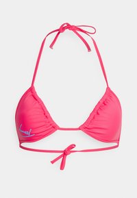 Rosa bikiniöverdel med triangulära kupor, knytband och samlat tyg. Har en liten blå logga på en kupan.