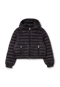 Giacca cropped nera tipo puffer con cappuccio, texture trapuntata, tasche anteriori con zip doppia e dettagli in metallo argentato. Realizzata in materiale leggero.