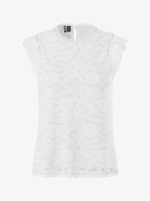 Valge pitsist varrukateta pluus lillemustriga, laineliste äärtega ja väikese nööbiga sulguva kaelusega tagaküljel.