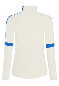 Crème shirt met lange mouwen en blauwe accenten langs de mouwen en de kraag. Soepele textuur met een aansluitend ontwerp. Geen zichtbare patronen of hardware.