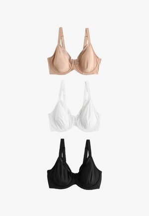 Drei Bügel-BHs in Beige, Weiß und Schwarz, jeweils mit verstellbaren Trägern und leichter Spitzenverzierung.