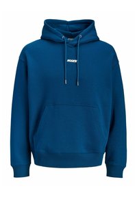 Blauwe hoodie met kangoeroezak aan de voorkant, capuchon met trekkoord, geribbelde boorden en zoom, en klein wit "JJcore"-logo op de borst.