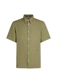 Camicia a maniche corte verde oliva realizzata in un tessuto testurizzato, con chiusura a bottoni sul davanti, collo a punta e un discreto dettaglio del logo ricamato.