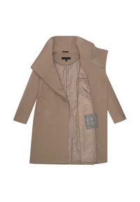 Beige Wollmantel mit breit geschnittenem Kragen, offenem Frontbereich und langen Ärmeln. Das Innere ist mit einem seidigen Futter und einem Pflegeetikett mit Symbolen ausgestattet.