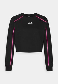 Sudadera corta negra con mangas largas, que presenta detalles en rosa a lo largo de las costuras y un pequeño logo blanco en el pecho.