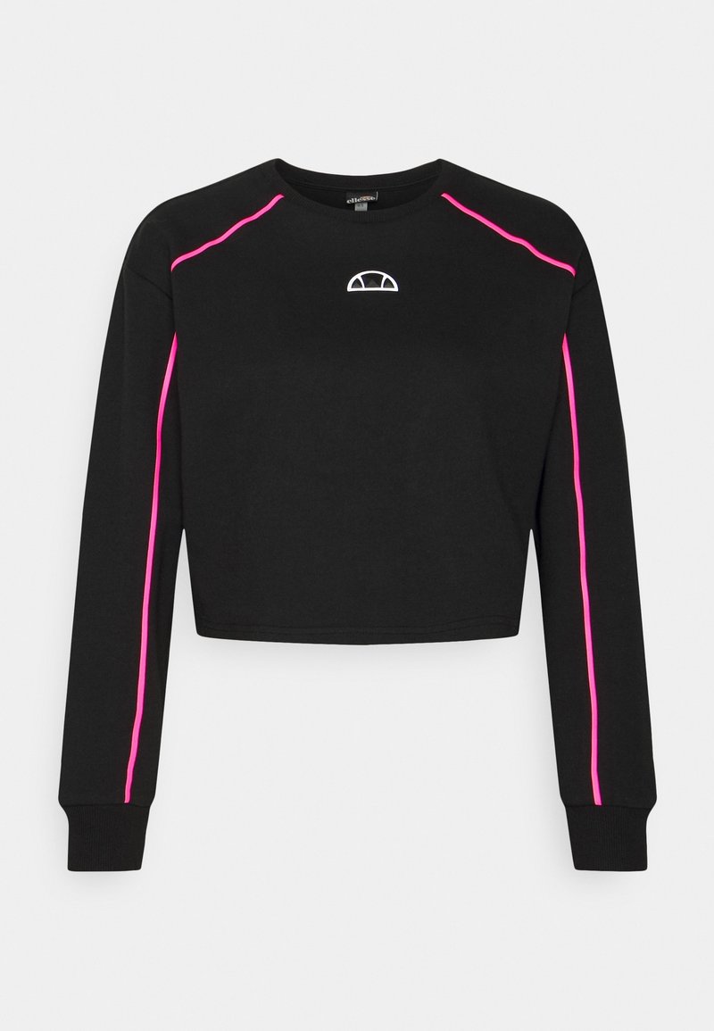 Sudadera corta negra con mangas largas, que presenta detalles en rosa a lo largo de las costuras y un pequeño logo blanco en el pecho.