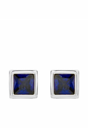 Quadratische Ohrstecker mit dunkelblauen, facettierten Steinen, die in silberfarbenem Metall mit einer glatten Oberfläche und einem dezenten Rand eingefasst sind.