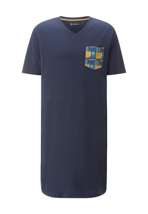 Navy blue V-neck t-shirt made of cotton, featuring short sleeves and a patterned pocket with yellow and teal accents.