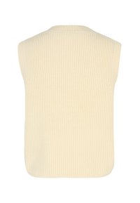 Beige ärmelloses Strickoberteil mit geripptem Textur, Rundhalsausschnitt und lockerer Passform. Es hat eine einheitliche Farbe und ein einfaches Design ohne Verzierungen.