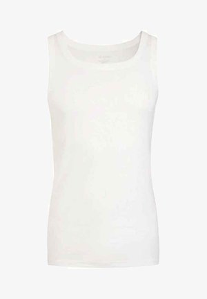 White tank top, sleeveless design, made from cotton, featuring a smooth texture and rounded neckline. Simple and versatile style.