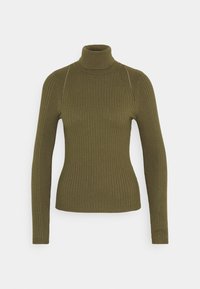 Olivgrüner Rollkragenpullover mit gerippter Textur, langen Ärmeln und Nahtdetails. Enganliegendes Design mit hohem Kragen.