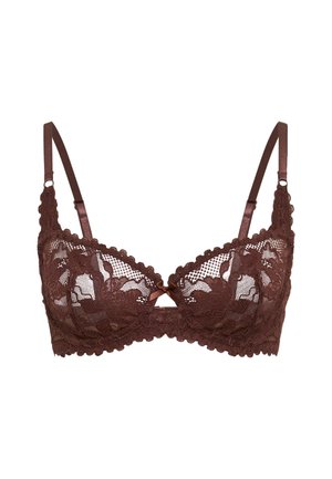 Braunes Spitzen-BH mit Blumenmustern, verstellbaren Trägern, gewellten Rändern und einer kleinen mittleren Schleife auf weißem Hintergrund.