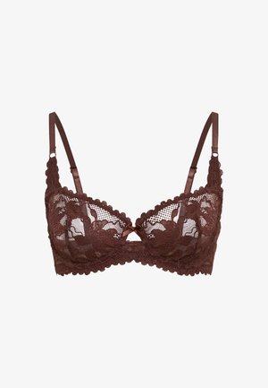 Καφέ δαντελένιο σουτιέν με ανθικό σχέδιο, ρυθμιζόμενες τιράντες, κυματιστά περιθώρια και ένα μικρό κεντρικό φιόγκο σε λευκό φόντο.