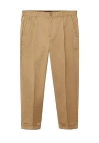 Beige op maat gemaakte broek met rechte snit, voorzien van plooien, twee zijzakken en een enkele knoopsluiting op de tailleband.