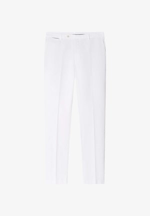 Pantalones blancos de corte ajustado a medida, con trabillas para cinturón, botón delantero, cierre de cremallera y bolsillos laterales.