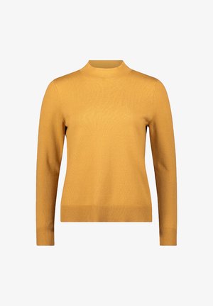 Pull à col montant de couleur jaune moutarde fabriqué dans une matière douce. Il présente des manches longues et des accents côtelés au niveau de l'ourlet et des poignets.