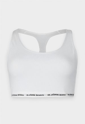 Bela športna modrčka z racerback obliko, izdelana iz gladkega materiala, z črnim elastičnim trakom, ki na dnu prikazuje napis "BJÖRN BORG".