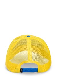 Gorra de malla amarilla con parte trasera estructurada, que presenta un regulador de plástico azul y un botón en contraste en la parte superior. El interior es blanco.