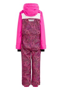 Barns rosa skidoverall med leopardmönstrade byxor, enfärgade rosa ärmar och huva, vit axelpanel och reflexränder på ryggen.