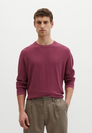 Mężczyzna o krótkich brązowych włosach, ubrany w bordowy sweter z długim rękawem oraz beżowe spodnie, stojący na jednolitym jasnym tle.