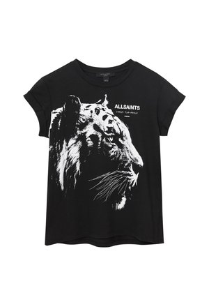 Zwart katoenen t-shirt met korte, opgerolde mouwen, voorzien van een witte tijgerafbeelding en de tekst "ALLSAINTS" in een vette lettertype.