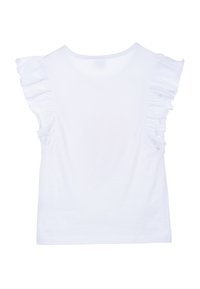 Top blanco sin mangas con acentos de volantes en los hombros, fabricado en suave material de algodón y con un clásico escote redondo.