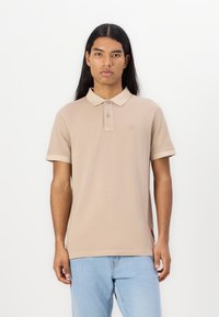 Beige polo tričko z bavlny, s límečkem, dvouknoflíkovým zapínáním, krátkými rukávy a logem na hrudi.