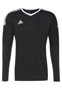 Maillot de sport à manches longues noir avec un col en V et des accents blancs sur les épaules, fabriqué à partir d'un matériau léger et évacuant l'humidité.