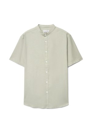 Light gray short-sleeve button-up shirt with mandarin collar and seven white buttons down the front.