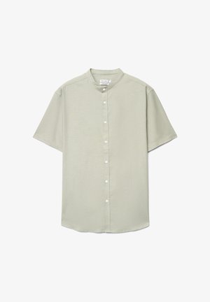 Light gray short-sleeve button-up shirt with mandarin collar and seven white buttons down the front.