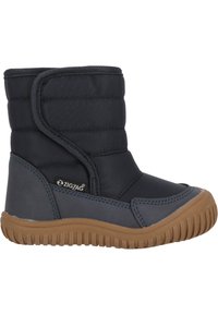 Bottes d'hiver isolées et résistantes à l'eau, de couleur bleu marine, avec un dessus matelassé, des accents gris, une semelle en caoutchouc durable et une sangle Velcro pour un ajustement sécurisé.