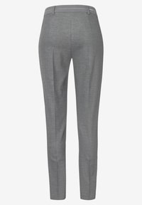 Gray tailored trousers with a sleek design, featuring a smooth texture, flat front, and discreet back pockets.