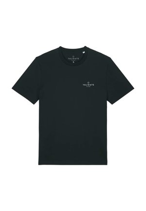 Sort bomulds T-shirt med korte ærmer, rund halsudskæring og lille hvid "VALIDATE" logo på brystet. Glat tekstur, standard pasform.