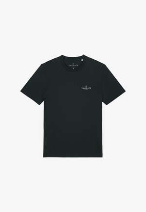 Sort bomulds T-shirt med korte ærmer, rund halsudskæring og lille hvid "VALIDATE" logo på brystet. Glat tekstur, standard pasform.