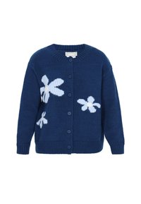 Cardigan lavorato a maglia blu navy con grandi motivi floreali bianchi, scollo rotondo e chiusura a sei bottoni. Maniche e orlo con lavorazione a coste.