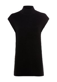 Svart polotröja, utan ärmar, ribbad textur, mjukt stickat material, längre bakstycke, enkel och minimalistisk stil.