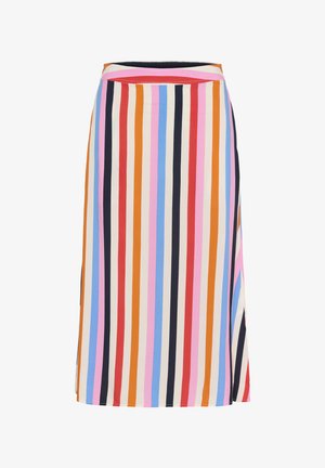 Põlvikuni seelik, millel on vertikaalsed triibud värvides punane, sinine, oranž, roosa ja kreem; valmistatud kergest kangast.