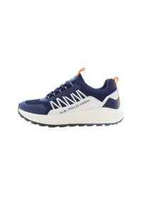 Navy athletic shoes with a breathable mesh upper, white accents, and orange heel pull tab. Features rubber sole and reinforced toe cap.