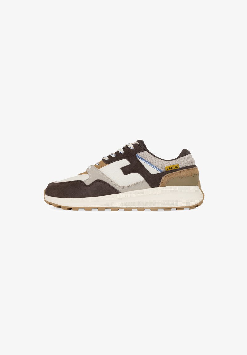 Brown suede and textile sneaker with white and tan accents, featuring a chunky sole, lace closure, and a yellow brand tag.