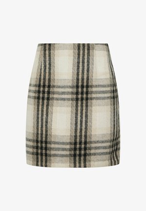 Geruite minirok in beige, zwart en grijs tinten. Gemaakt van textuurstof met horizontale en verticale lijnen die een geruit patroon vormen.