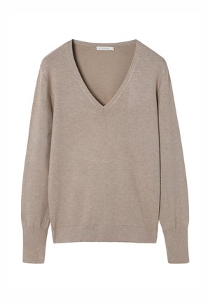Bēša V-veida kakla džemperis ar garām, viegli koniskas piedurknēm un mīkstu, teksturētu apdari. Regulāra fit, ar riboto aproču un apakšmalas apdari.