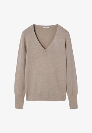 Bézs színű, V-nyakú pulóver hosszú, enyhén szűkülő ujjakkal és puha, texturált felülettel. Normál szabású, bordázott mandzsettával és szegéllyel.