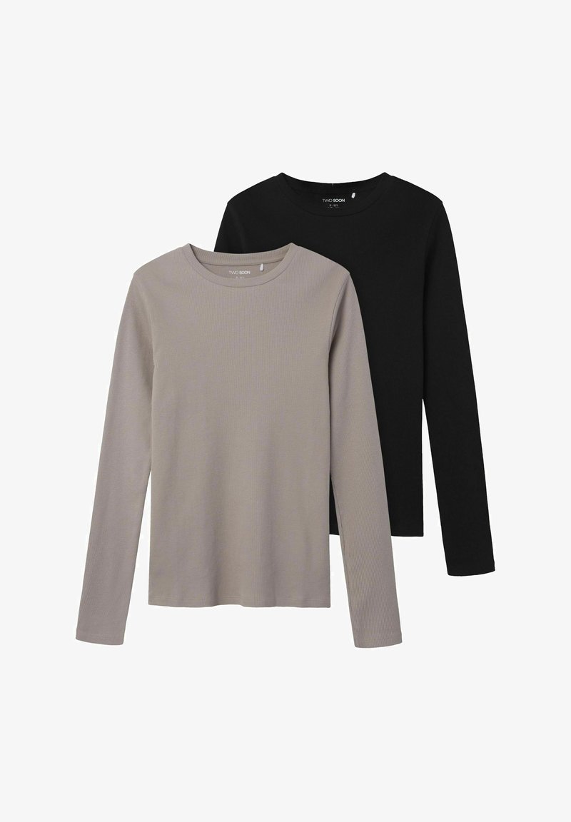 Zwei Langarm-T-Shirts, eines aus hellgrauem Rippstoff und eines aus einfarbigem Schwarz, mit Rundhalsausschnitten und geraden Säumen.
